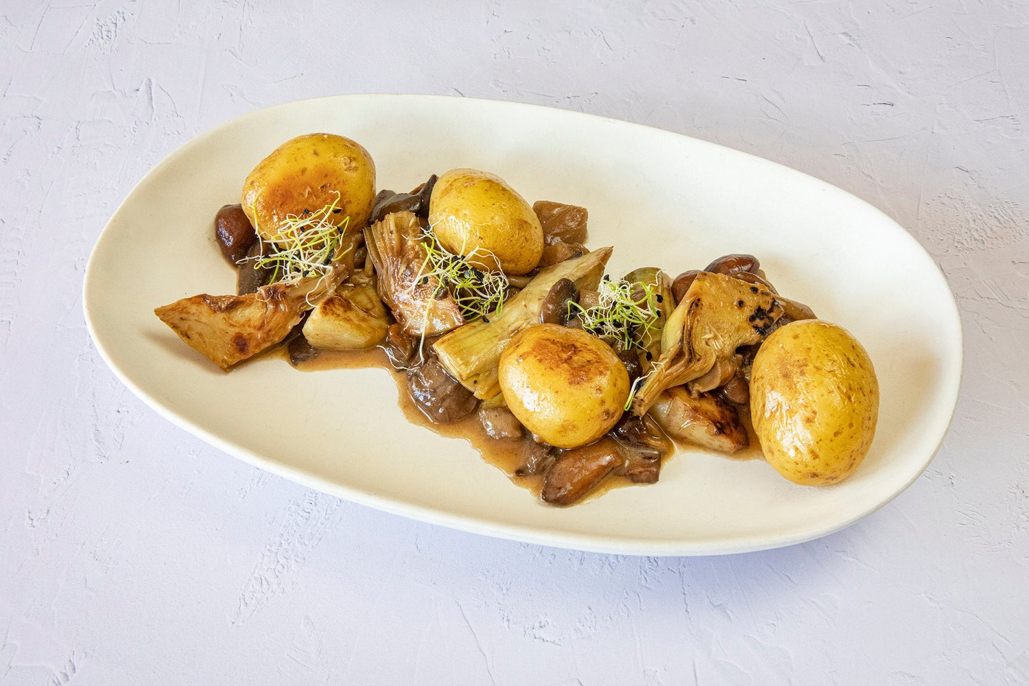 Casserole of Artichokes, Baby Potatoes and Mushrooms