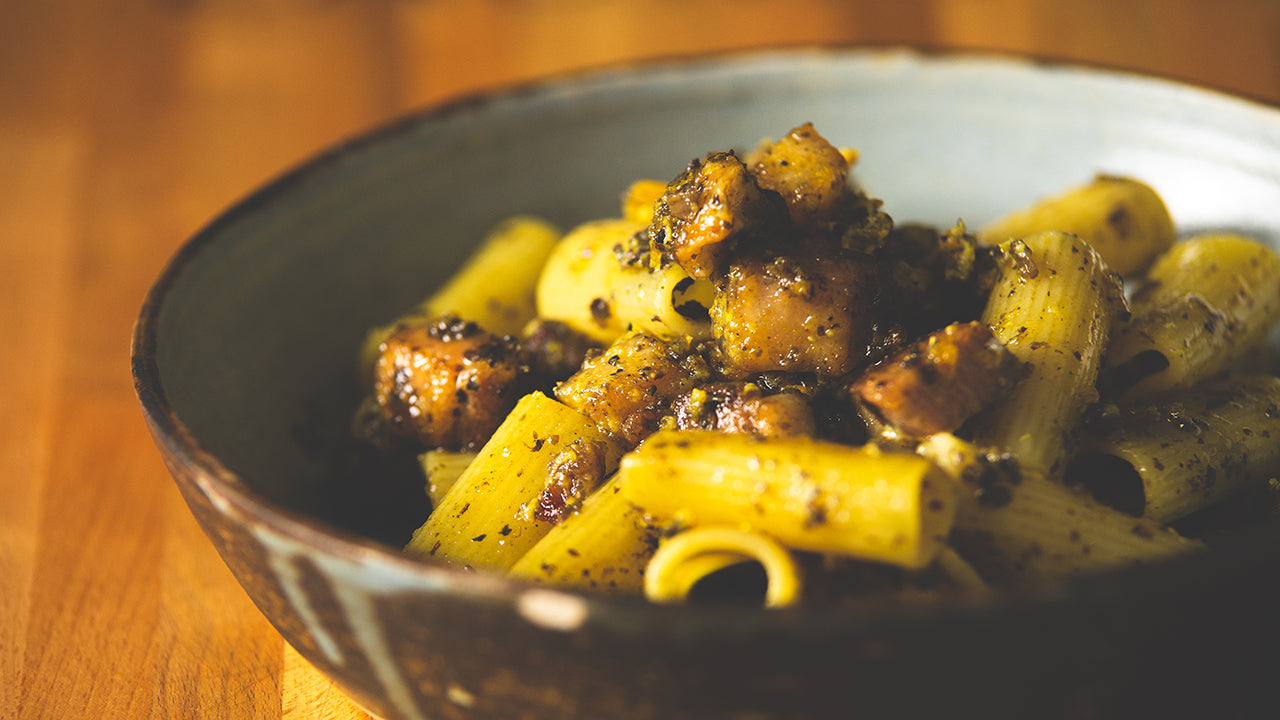 Truffle Rigatoni with Laumont Tartufata, Pork Belly &amp; Egg Yolk
 &ndash; LAUMONT UK