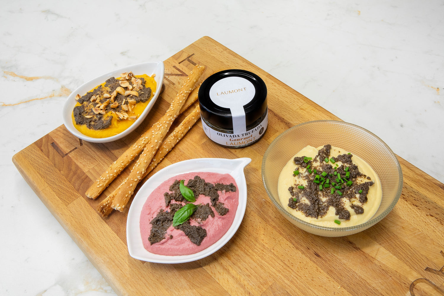 Colorful Hummus with Truffled Olive Spread