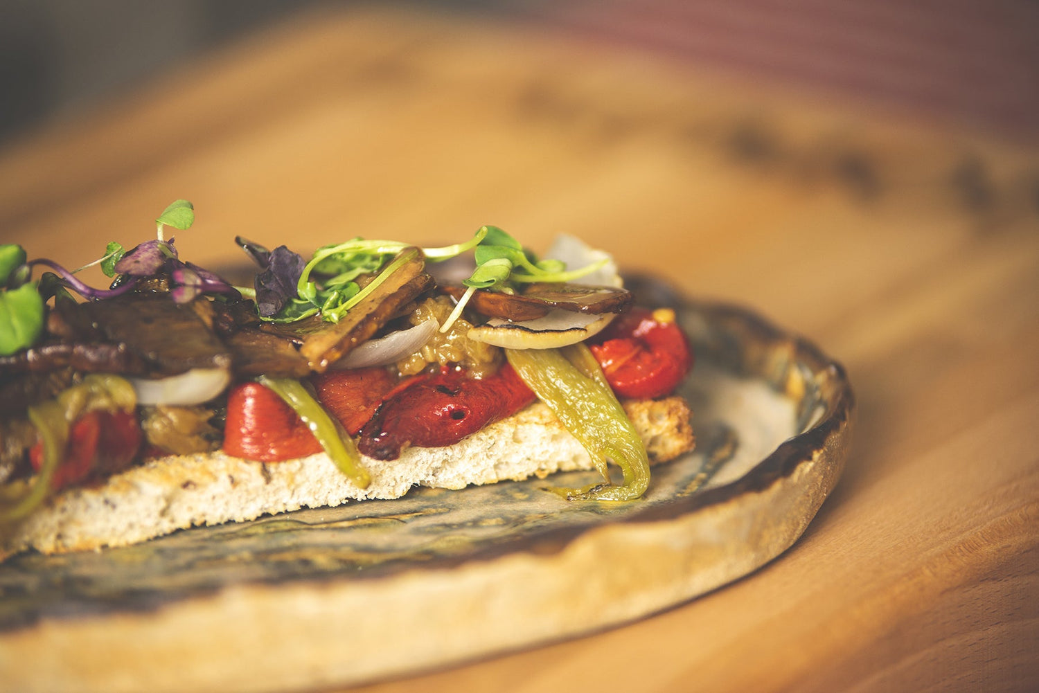 Rustic Bread Toast with Roasted Vegetables and Porcini