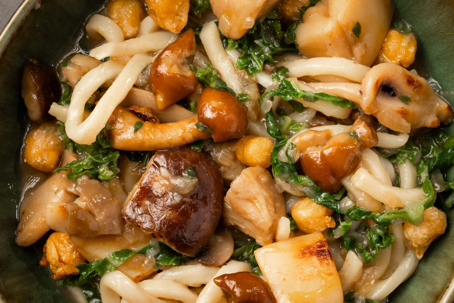 Cultivated Mushroom Udon with cuttlefish, green cabbage, chickpeas, and dashi broth