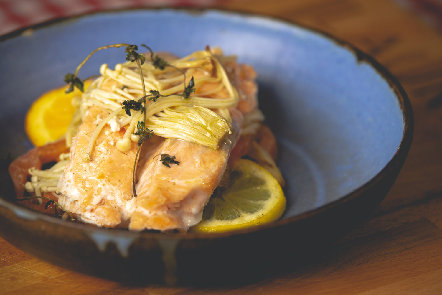 Baked Salmon with Enokis, Tomatoes and Citrus