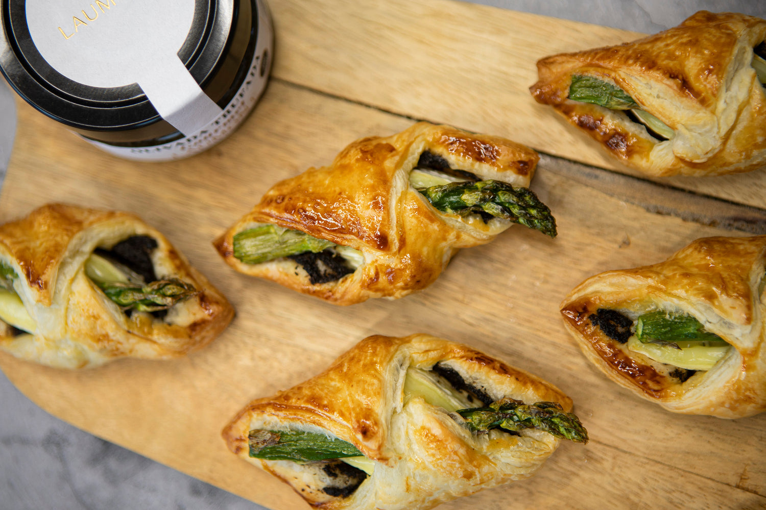 Puff Pastry with Brie, Truffled Olive Spread, and Asparagus
